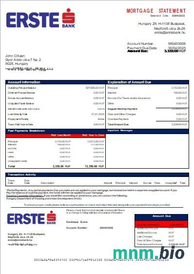 Węgry Bank Erste wyciąg z kredytu hipotecznego szablon Word i PDF